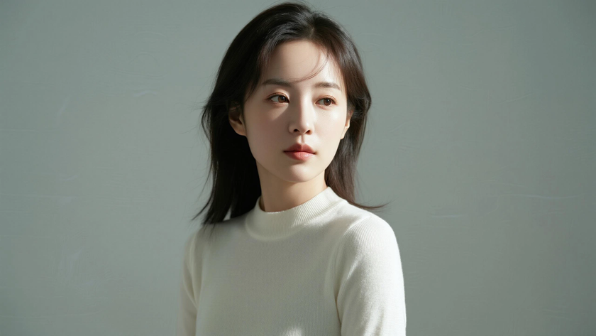 AI模特气质穿搭奶白针织上衣清冷女生正面纯色背景,电脑壁纸