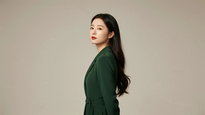 AI模特气质穿搭墨绿长款西装裙大气女生正面纯色背景,电脑壁纸