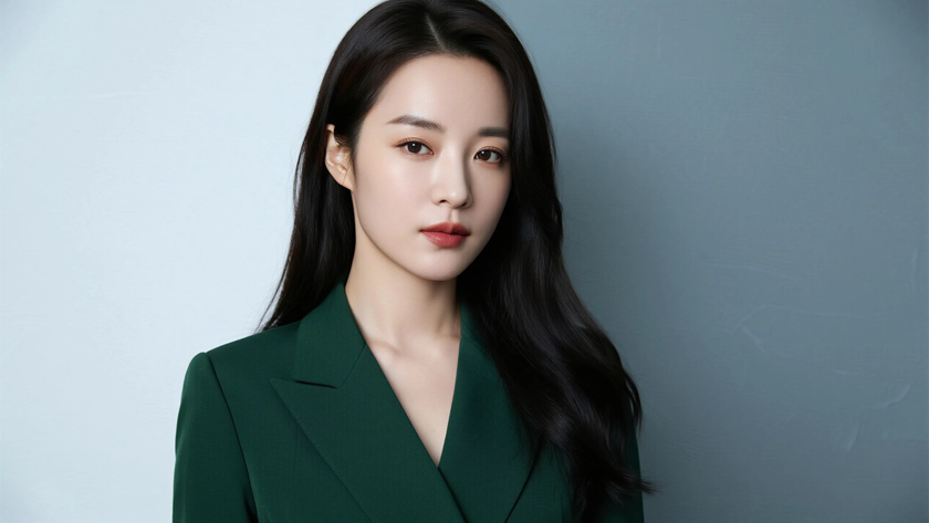 AI纯色极简模特气质深绿简约留白优雅女生,无水印壁纸