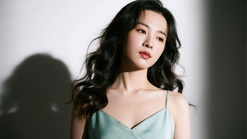 AI纯色极简模特气质浅绿干净留白少女,无水印壁纸