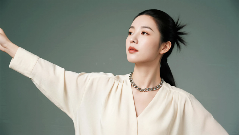 AI模特气质穿搭奶杏廓形衬衫简约女生正面纯色背景,电脑壁纸