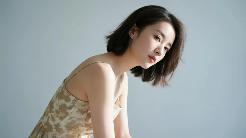 AI模特气质穿搭浅卡其印花连衣裙温婉女生正面纯色背景,电脑壁纸