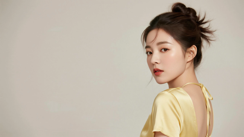 AI纯色极简模特气质鹅黄简约少女,无水印壁纸