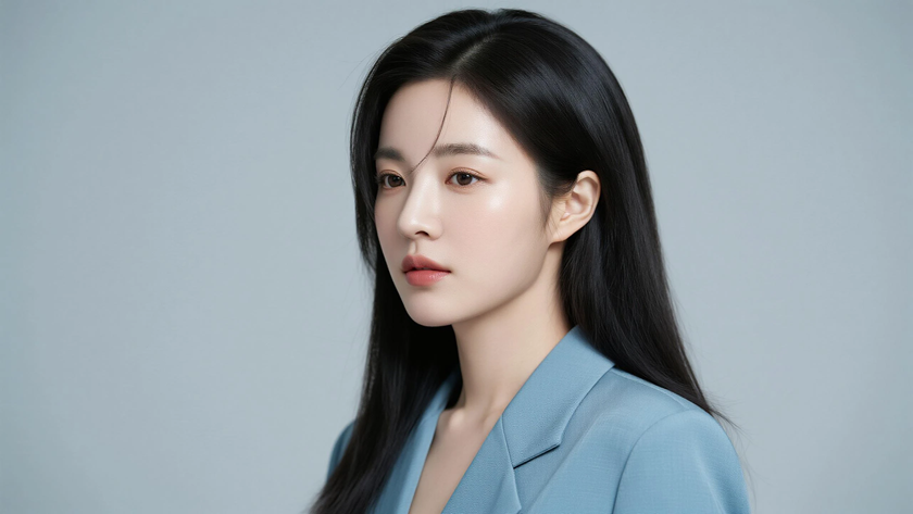 AI模特气质穿搭雾霾蓝休闲西装优雅女生正面纯色背景,电脑壁纸