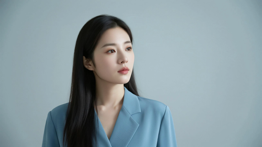 AI纯色极简模特气质雾霾蓝高级女生,无水印壁纸