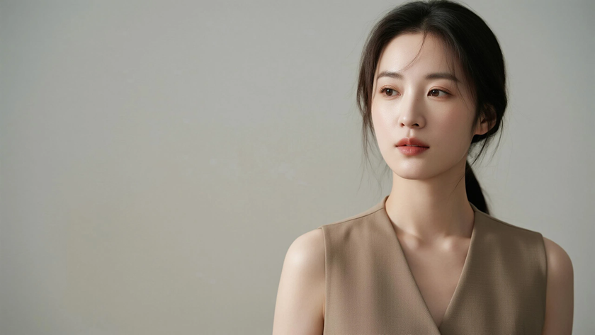 AI模特气质穿搭炭杏通勤马甲干练女生正面纯色背景,电脑壁纸