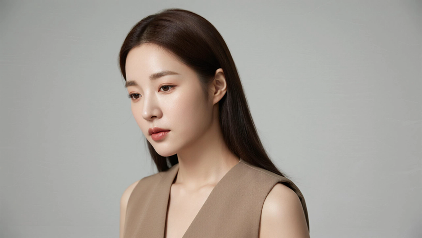 AI氛围感模特气质齐耳短发干练女生侧脸咖调底色,桌面壁纸