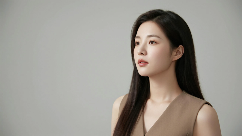 AI纯色极简模特气质杏咖干练女生,无水印壁纸