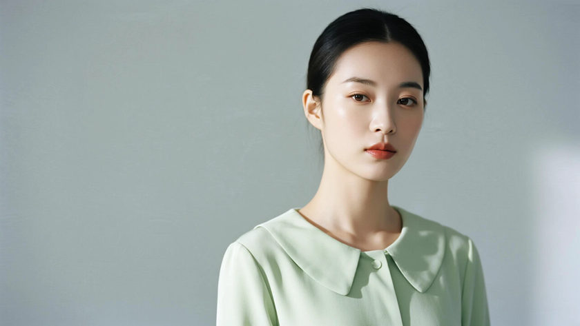 AI模特气质穿搭青柠绿娃娃领衬衣裙清爽女生正面纯色背景,电脑壁纸