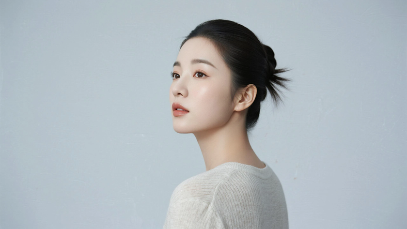 AI氛围感模特气质低挽发髻温婉女生侧脸浅灰底色,桌面壁纸
