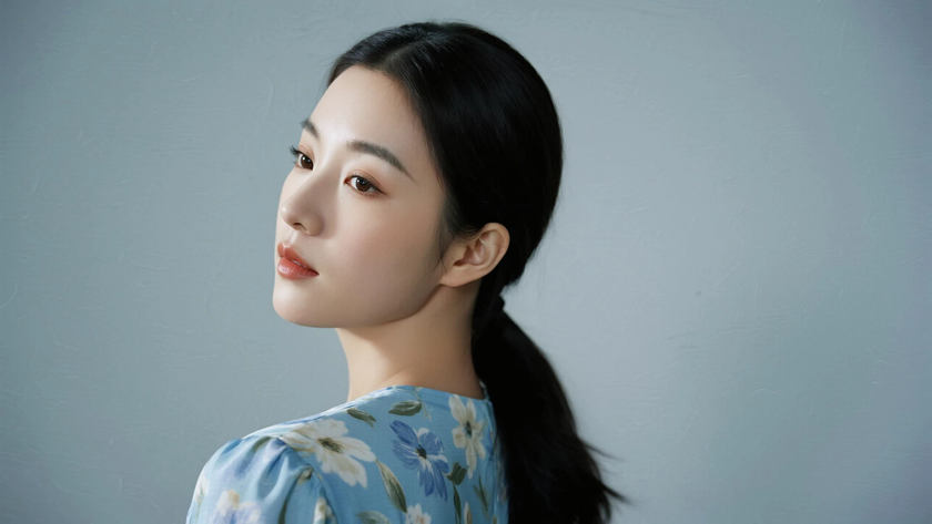 AI模特气质穿搭浅湖蓝碎花套装雅致女生正面纯色背景,电脑壁纸