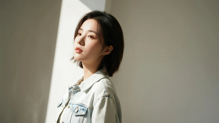 AI模特气质穿搭奶白牛仔短外套甜酷少女正面纯色背景,电脑壁纸