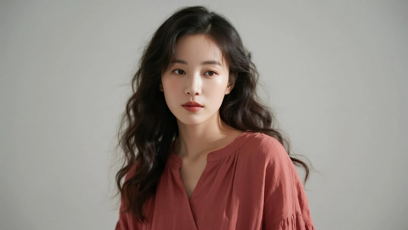 AI氛围感模特气质微卷中长发复古女生侧脸红棕底色,桌面壁纸