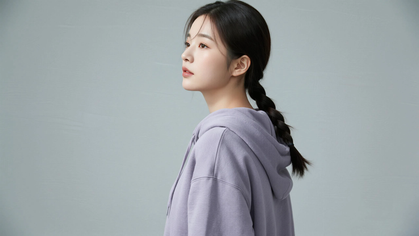AI氛围感模特气质侧边细编发松弛女生侧脸灰紫底色,桌面壁纸