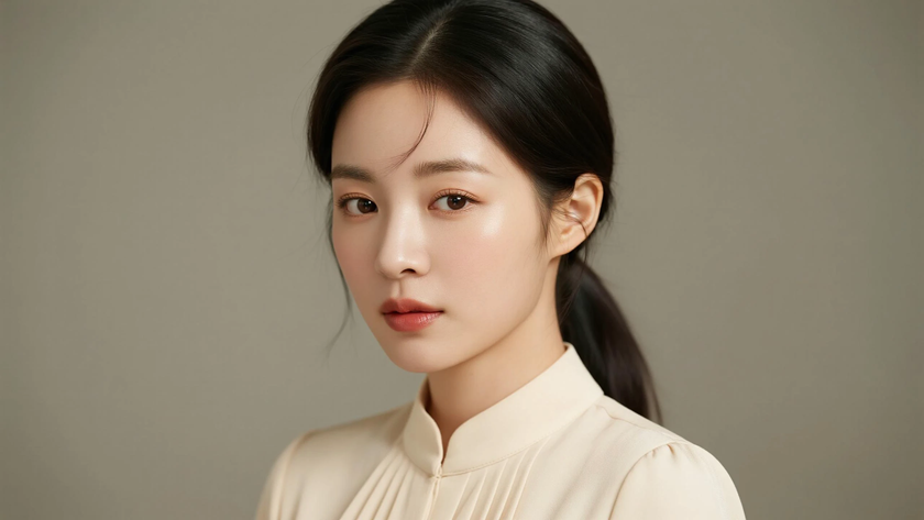 AI模特气质穿搭浅杏翻领收腰连衣裙轻奢女生正面纯色背景,电脑壁纸