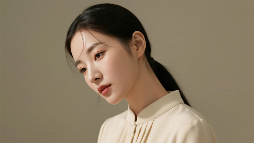 AI氛围感模特气质后梳顺直束发雅致女生侧脸浅杏底色,桌面壁纸