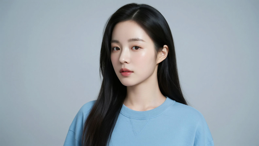 AI清新治愈模特穿搭雾霾蓝宽松卫衣素雅少女正面纯色背景,电脑壁纸