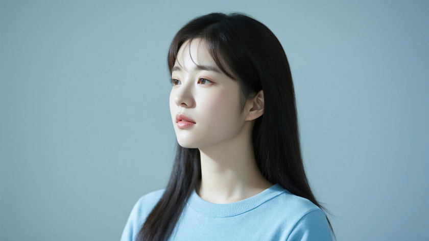 AI柔光治愈模特中分柔顺黑长直清冷女生浅雾蓝底色,桌面壁纸