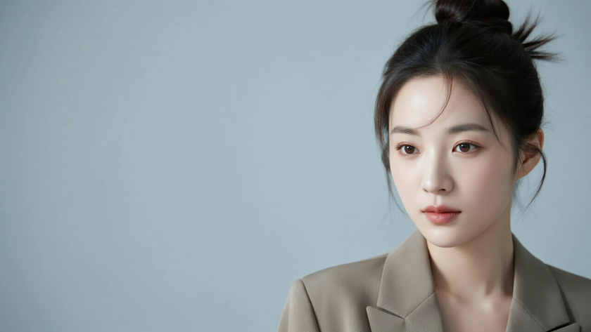 AI清新治愈模特穿搭炭杏休闲小西装简约女生正面纯色背景,电脑壁纸