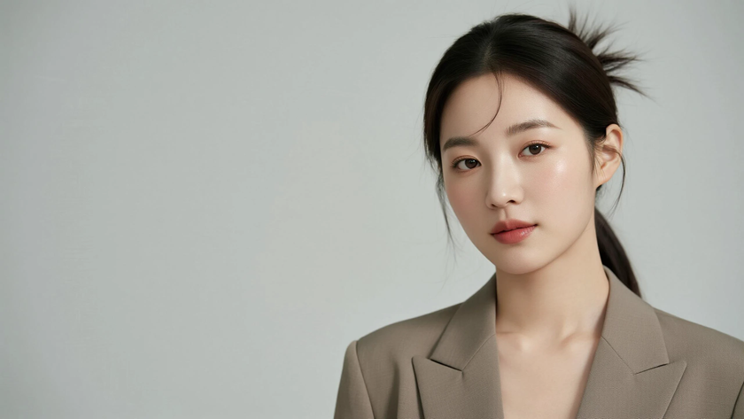 AI柔光治愈模特层次齐耳短发清爽女生炭杏底色,桌面壁纸
