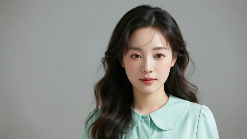 AI清新治愈模特穿搭青柠绿娃娃领衬衣裙元气少女正面纯色背景,电脑壁纸