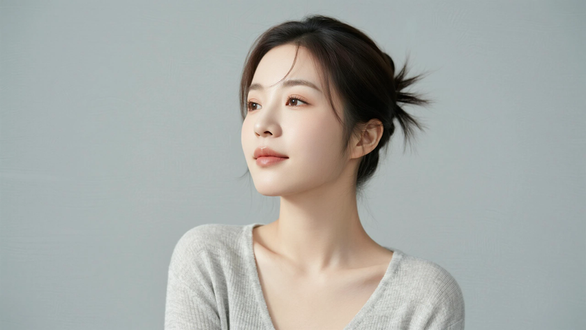 AI柔光治愈模特低挽简约发髻温婉女生奶灰底色,桌面壁纸
