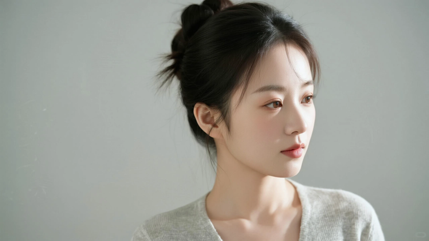 AI纯色极简清新治愈奶灰安静温婉少女,无水印壁纸