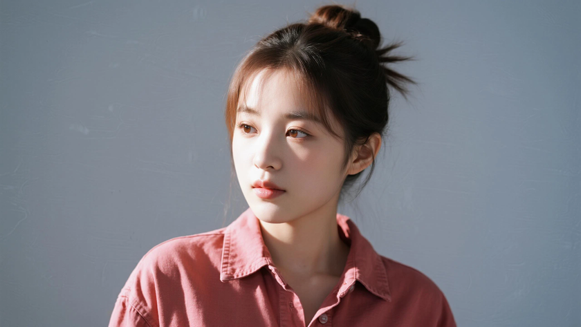 AI纯色极简清新治愈砖粉松弛随性少女,无水印壁纸