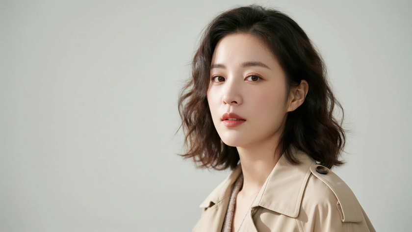 AI清新治愈模特穿搭燕麦长款风衣慵懒少女正面纯色背景,电脑壁纸
