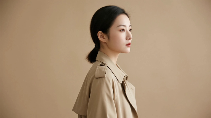 AI清新治愈模特穿搭燕麦长款风衣慵懒少女正面纯色背景,电脑壁纸