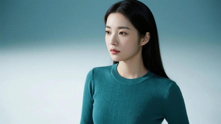 AI清新治愈模特穿搭豆沙绿针织长裙恬淡少女正面纯色背景,电脑壁纸