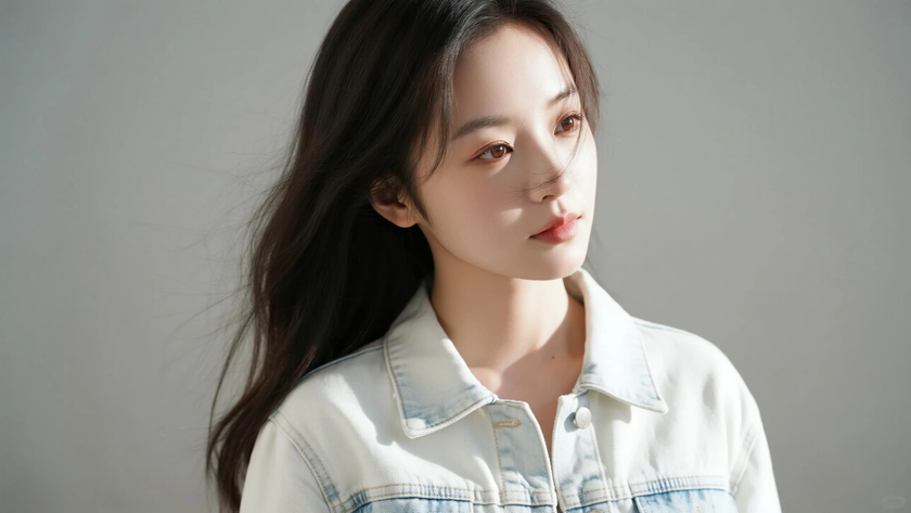AI柔光治愈模特清爽双马尾灵动女生奶白底色，桌面壁纸