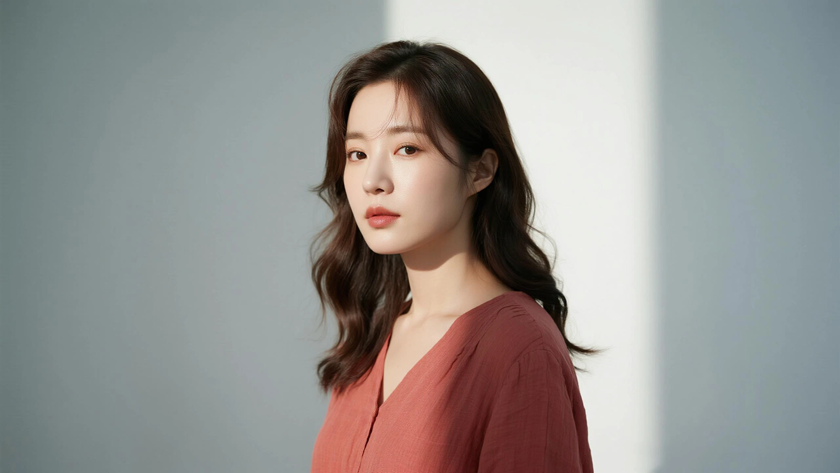 AI柔光治愈模特微卷披肩中长发温婉女生枣红底色,桌面壁纸