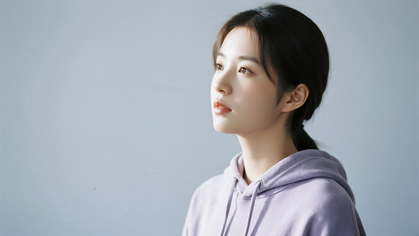 AI纯色极简清新治愈浅灰紫松弛闲适少女,无水印壁纸