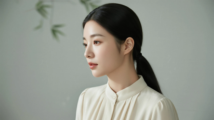 AI清新治愈模特穿搭浅杏翻领收腰长裙雅致少女正面纯色背景,电脑壁纸
