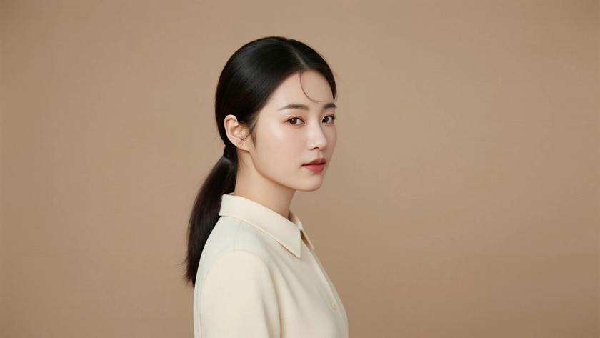 AI柔光治愈模特后梳顺直束发干净女生浅杏底色,桌面壁纸