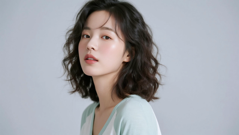 AI柔光治愈模特蓬松泡面小卷发软萌女生薄荷底色,桌面壁纸
