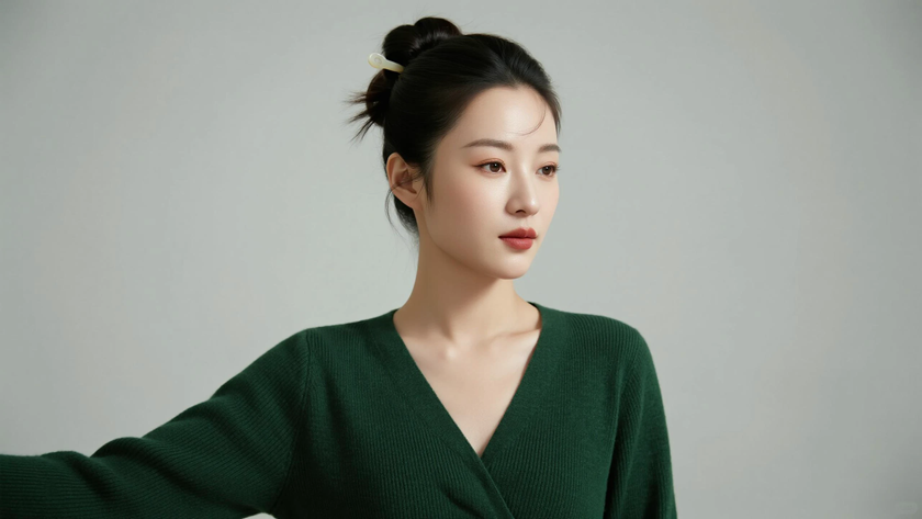 AI清新治愈模特穿搭墨豆绿针织长裙淡然少女正面纯色背景,电脑壁纸