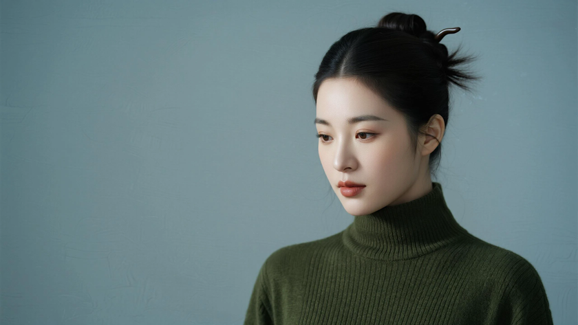 AI柔光治愈模特低盘发圈温婉女生墨绿底色,桌面壁纸