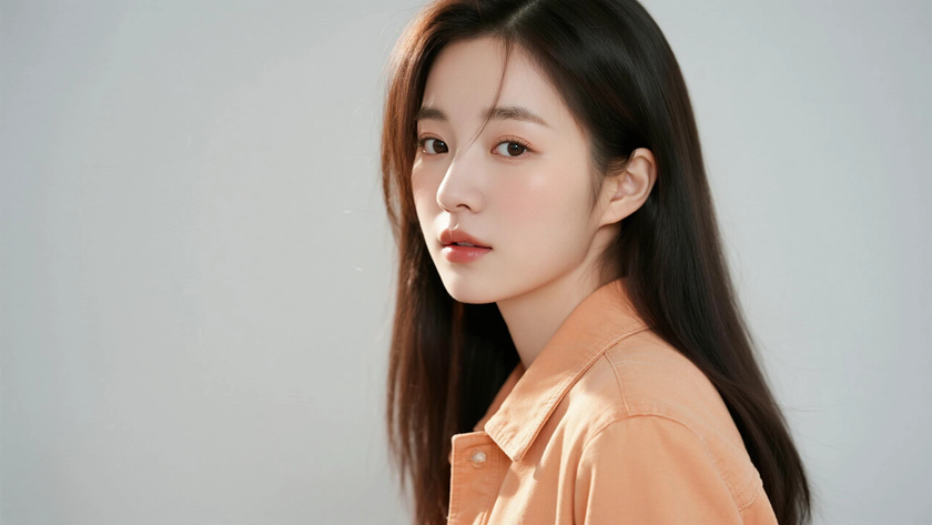 AI柔光治愈模特锁骨顺直中长发柔和女生橘奶底色，桌面壁纸