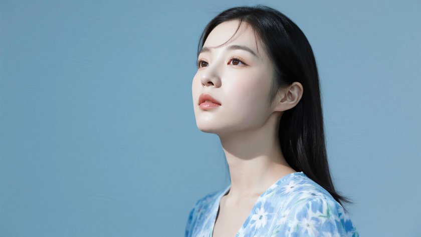 AI清新治愈模特穿搭浅靛蓝碎花连衣裙灵动少女正面纯色背景,电脑壁纸
