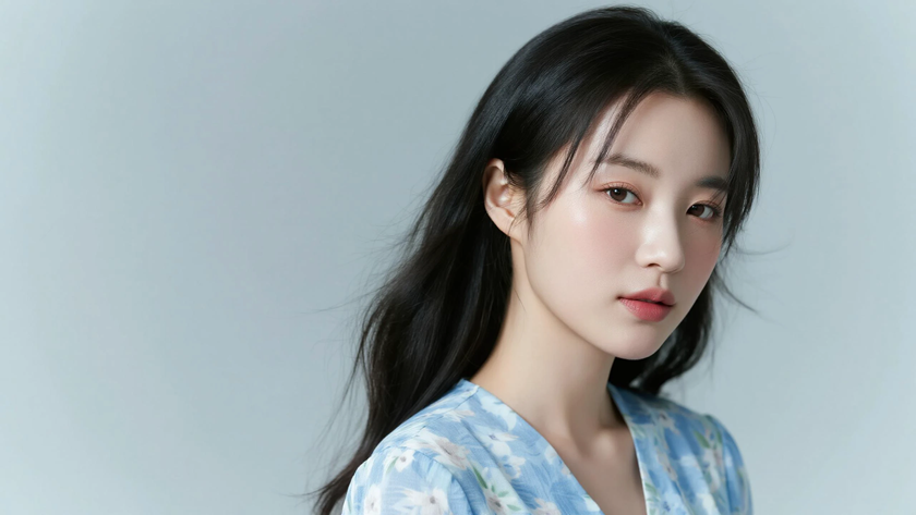 AI柔光治愈模特外翻层次短发俏皮女生浅靛蓝底色,桌面壁纸