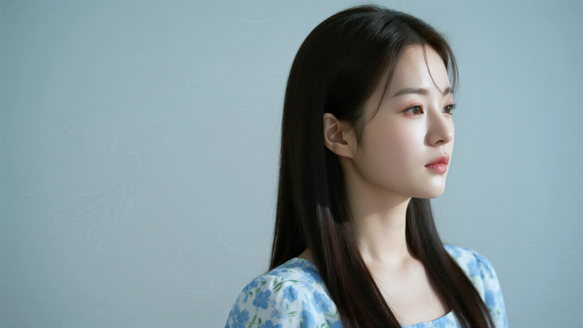 AI纯色极简清新治愈浅靛蓝鲜活清爽少女,无水印壁纸