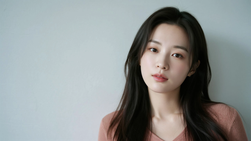 AI清新治愈模特穿搭米藕针织衬衣闲适少女正面纯色背景，电脑壁纸