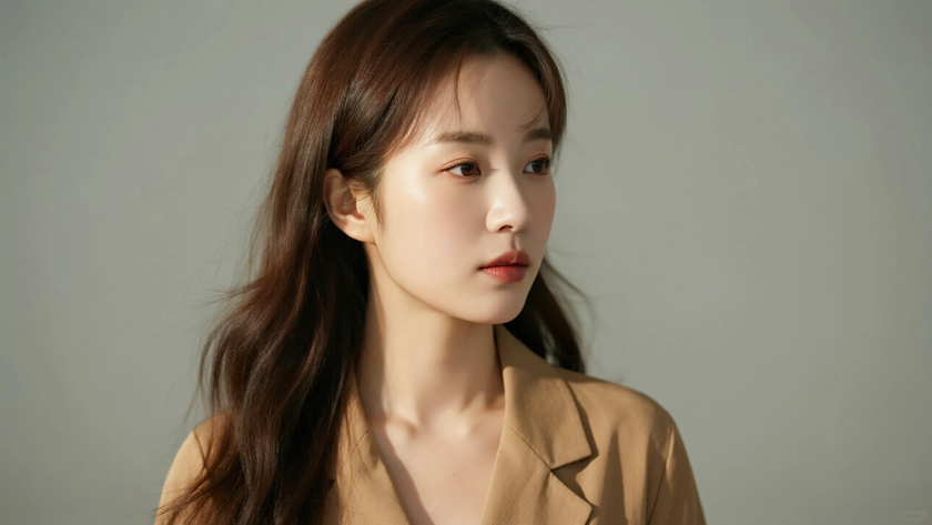 AI柔光治愈模特松散披肩长发慵懒女生浅咖底色，桌面壁纸