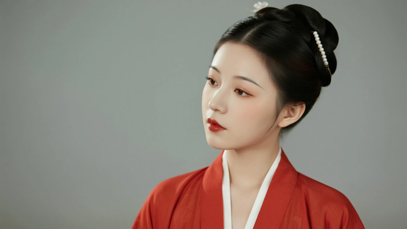 AI国风古风模特穿搭朱砂红唐制齐胸襦裙温婉古典少女纯色背景，电脑壁纸