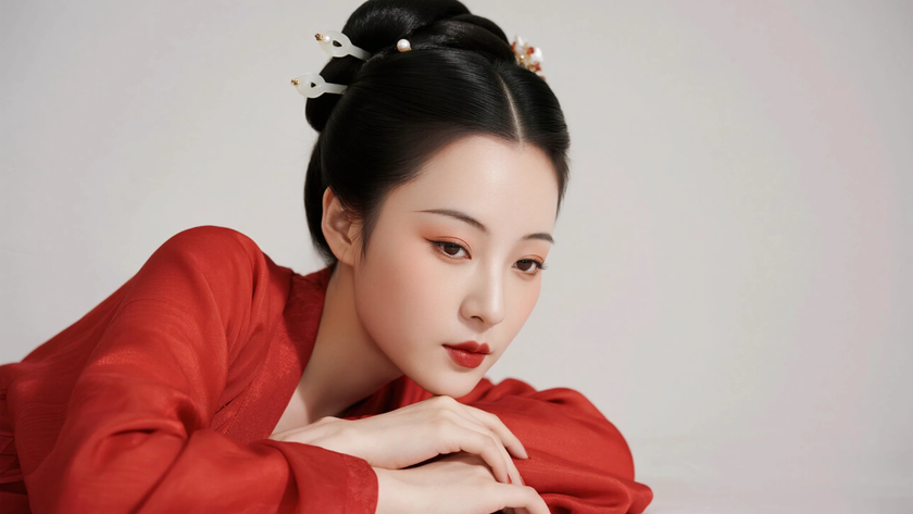 AI暖调柔光国风古风唐襦裙轻薄纱质飘逸质感女生，高清壁纸