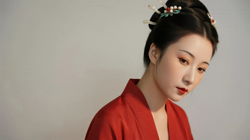 AI纯色极简国风古风朱砂红明艳温婉古风少女，无水印壁纸
