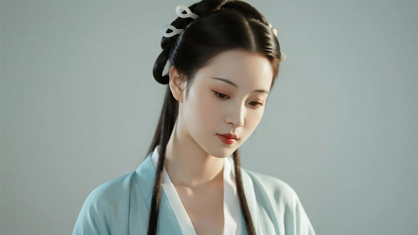 AI国风古风模特穿搭天青宋制直领褙子清雅少女纯色背景,电脑壁纸