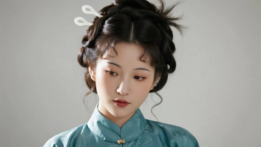 AI国风古风模特穿搭青碧暗纹马面裙灵动少女纯色背景,电脑壁纸